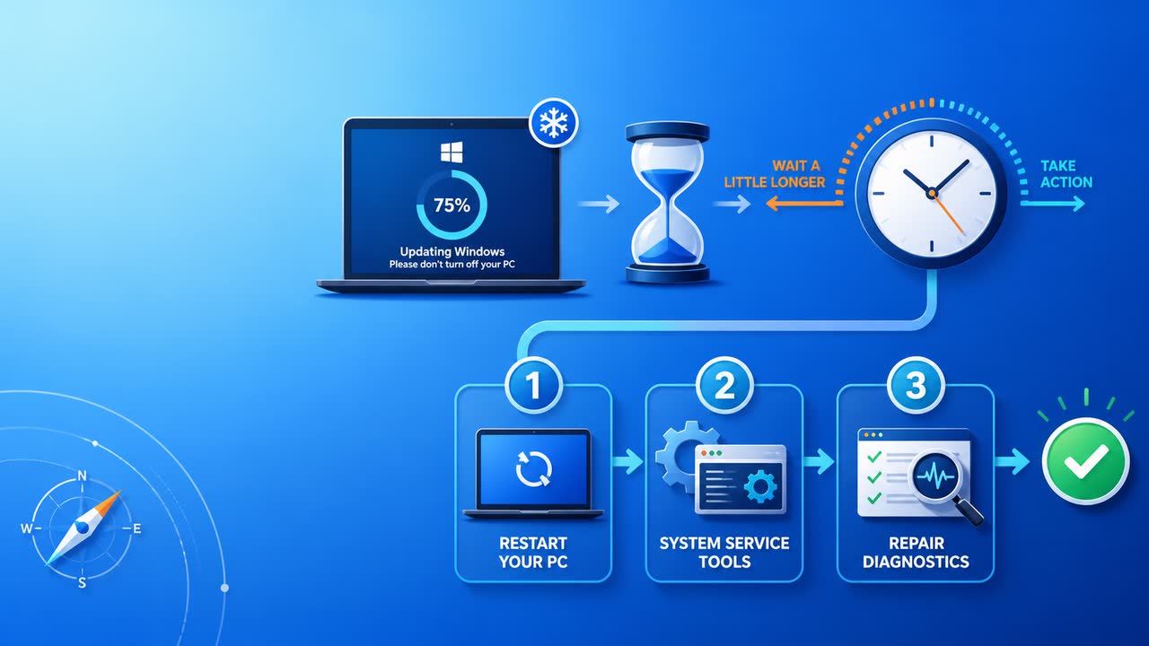 Windows 更新卡住怎么办:等待判断与三步处理